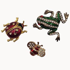 Three Piece Frog Ladybug Bumble Bee Bug Insect Figural Brooch Pin lot